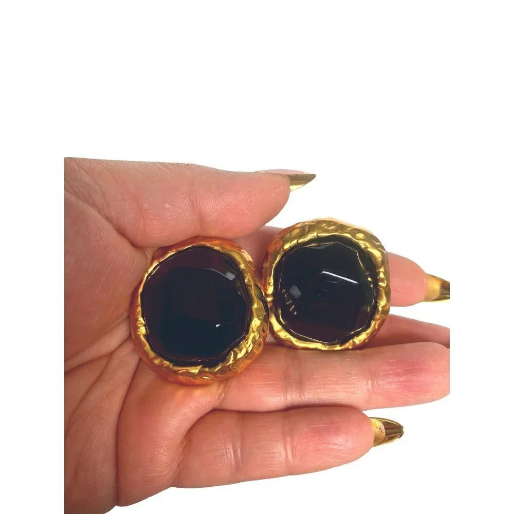 Anne Klein Couture rare 1980s vintage rustic cabochon & frame dark blue earrings